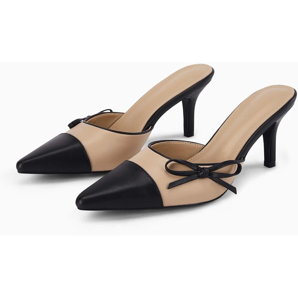 Mules Heels Khaki Faux Leather Closed Pointed Toe Slip On Backless Shoes Pumps - Picture 5 of 6